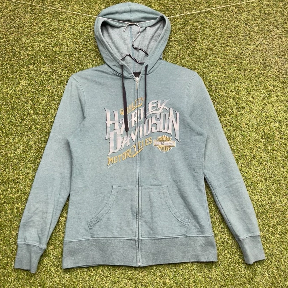 Harley-Davidson Hoodie Womens Small Full Zip Blue Green Sweatshirt Y2K Biker